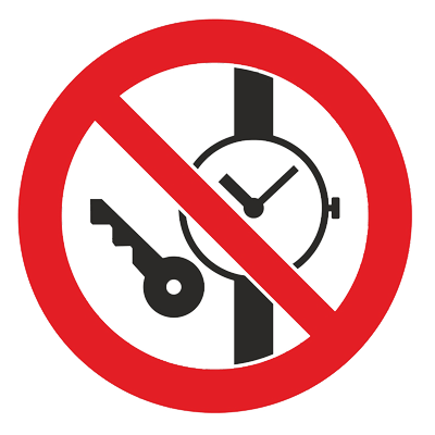 Знак - Запрещается иметь при (на) себе металлические предметы (часы и т.п.) Р-27